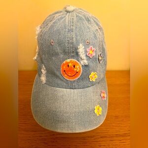 Denim smiley face cap